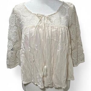 American Eagle Outfitters Y2K Style Crochet Peasant Blouse 3/4 Sleeve
